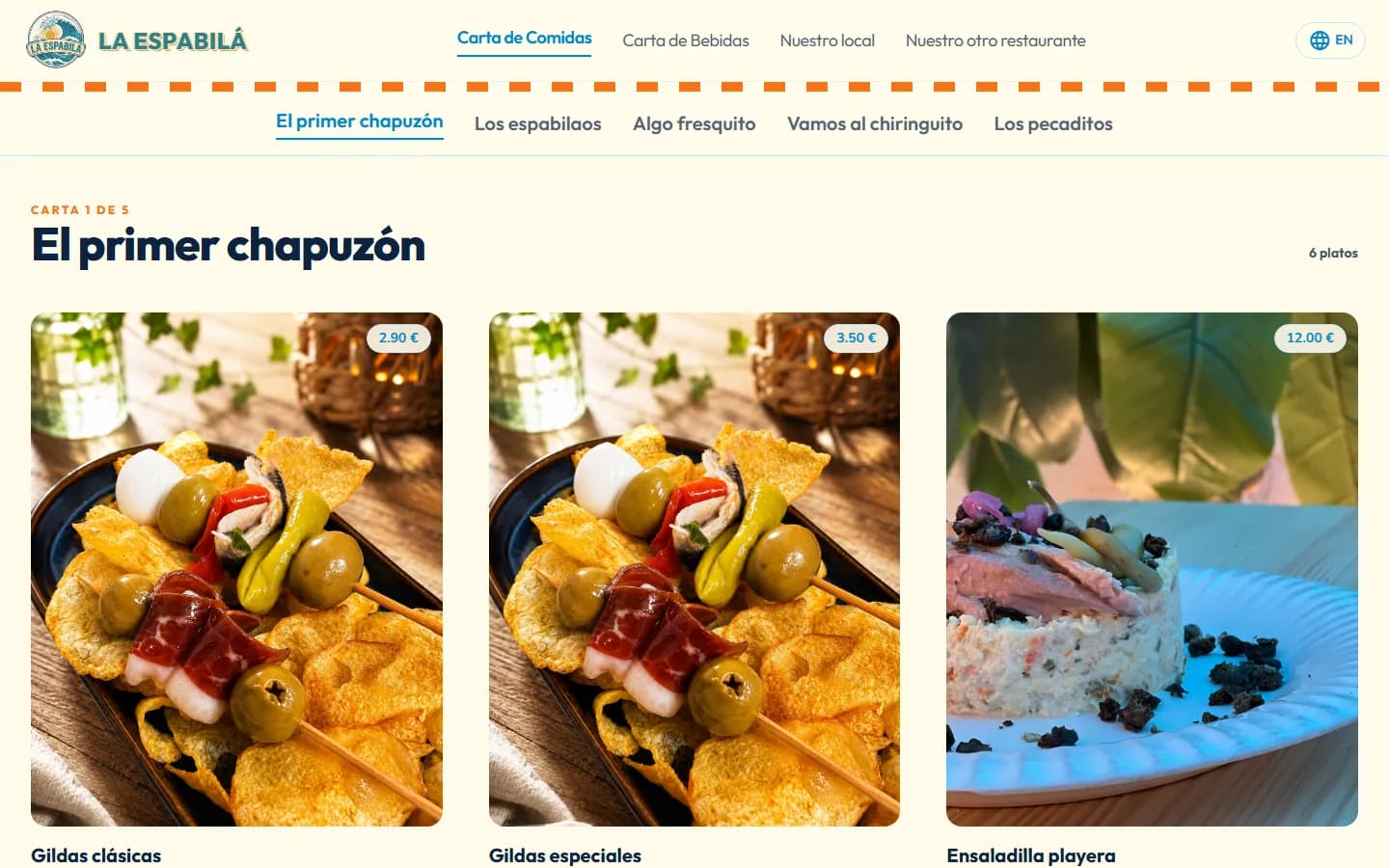 Carta de comidas de La Espabilá en escritorio, con fotos y precios por plato