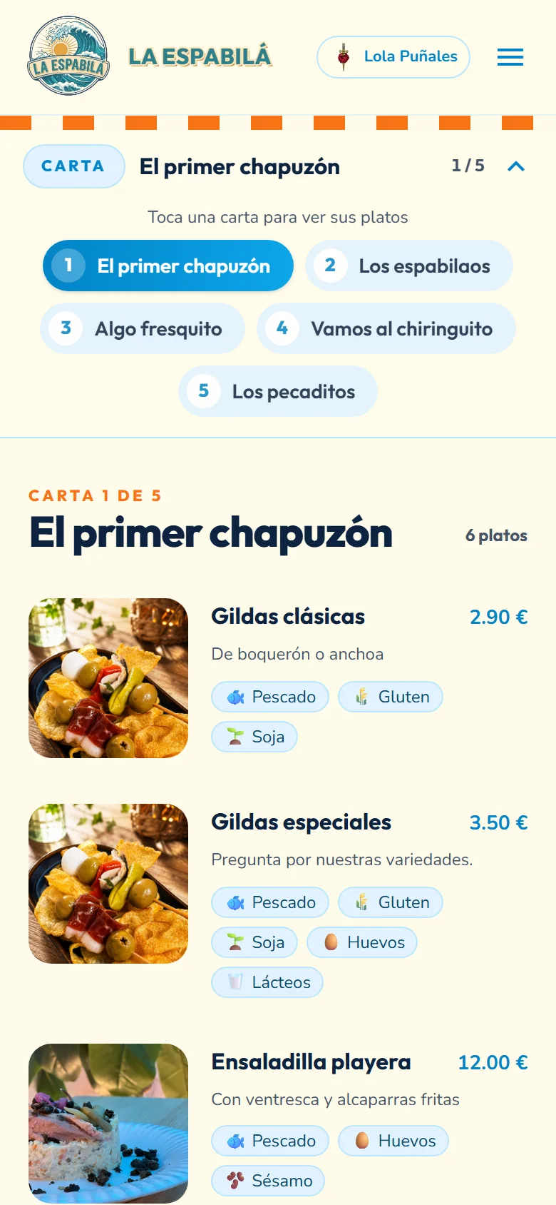 Carta de comidas de La Espabilá en móvil, con alérgenos por plato