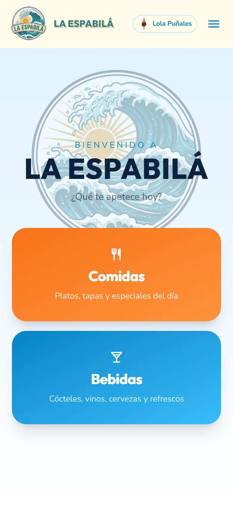 Selector de carta de La Espabilá en móvil, con comidas y bebidas