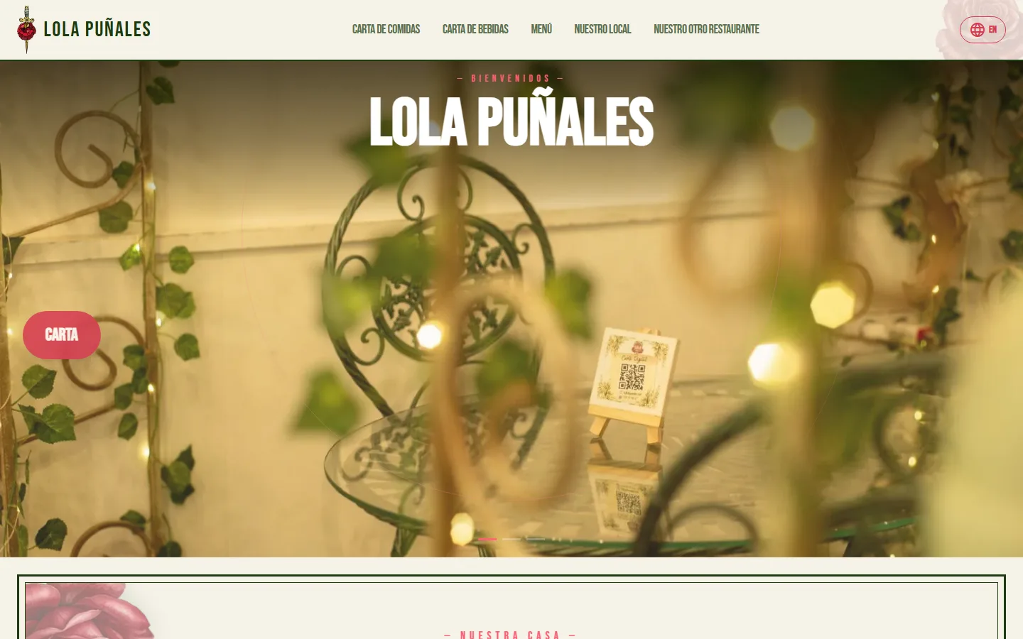 Home de Lola Puñales en escritorio, con la misma plantilla y otra identidad visual