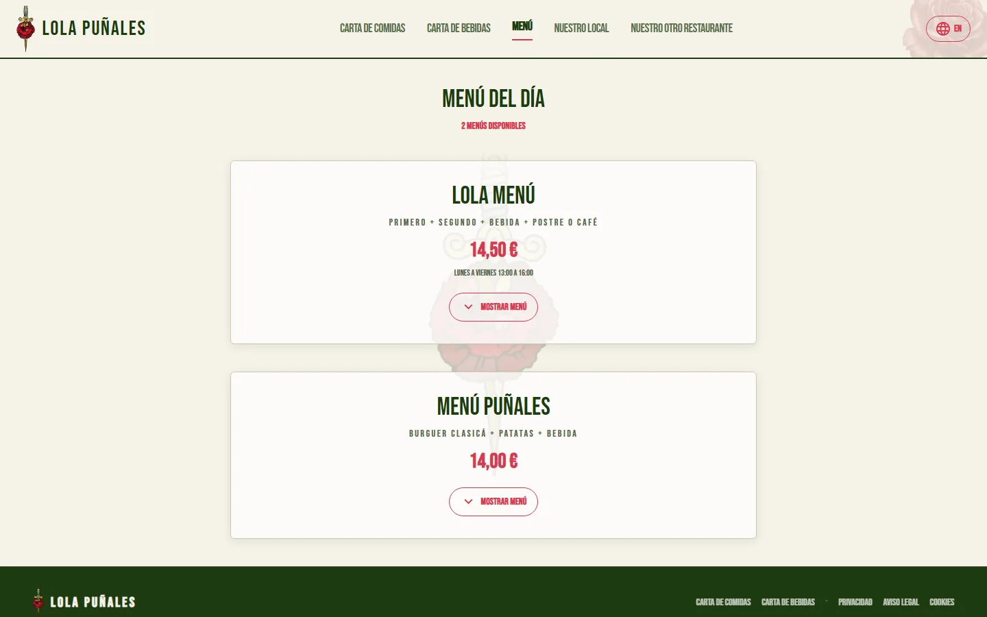 Menú del día de Lola Puñales en escritorio, con dos menús y sus precios