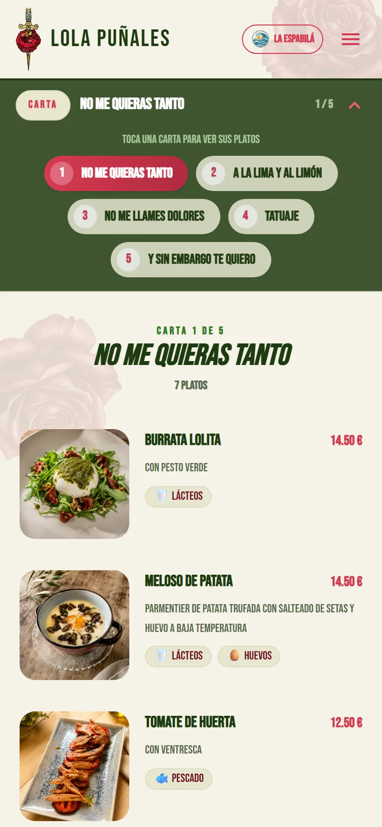 Carta de comidas de Lola Puñales en móvil, con navegación entre cartas y alérgenos