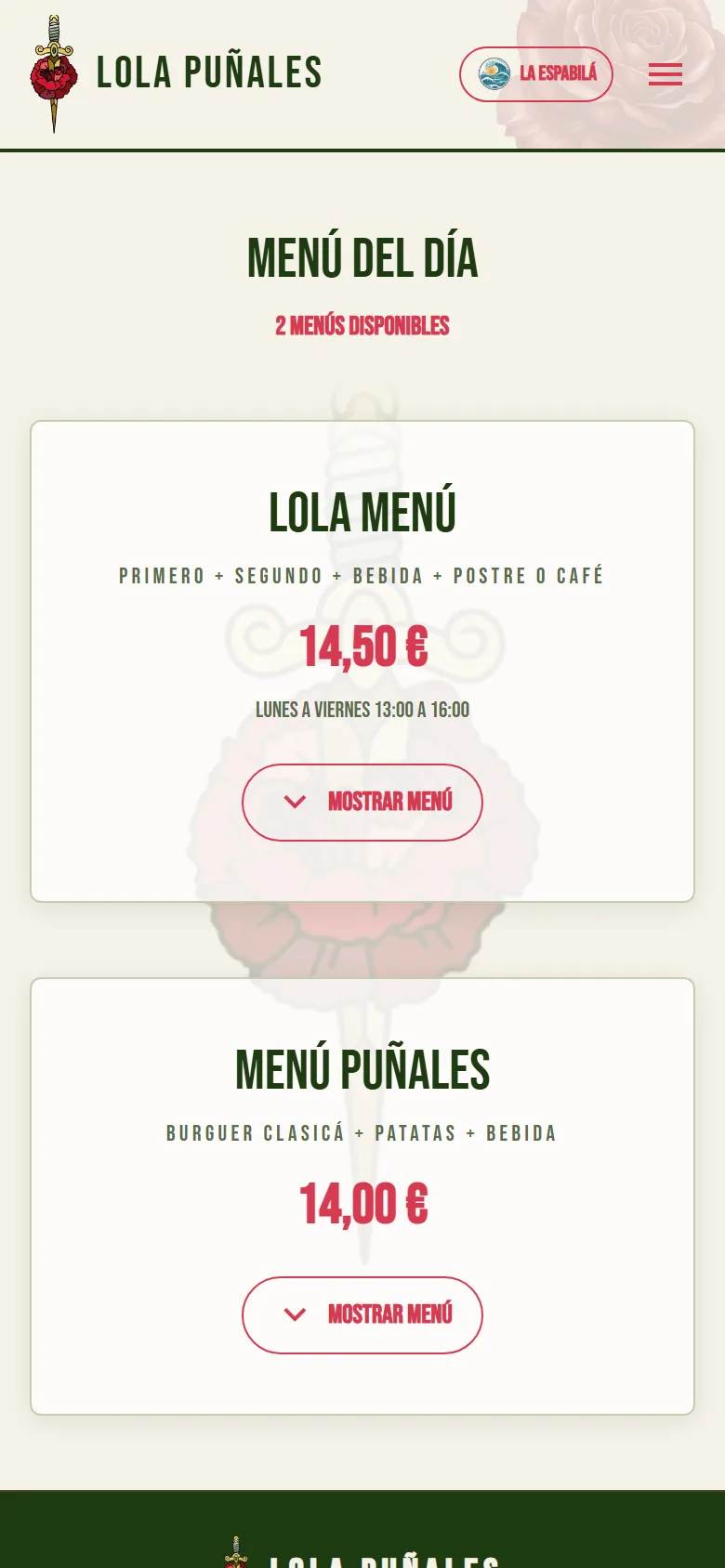 Menú del día de Lola Puñales en móvil